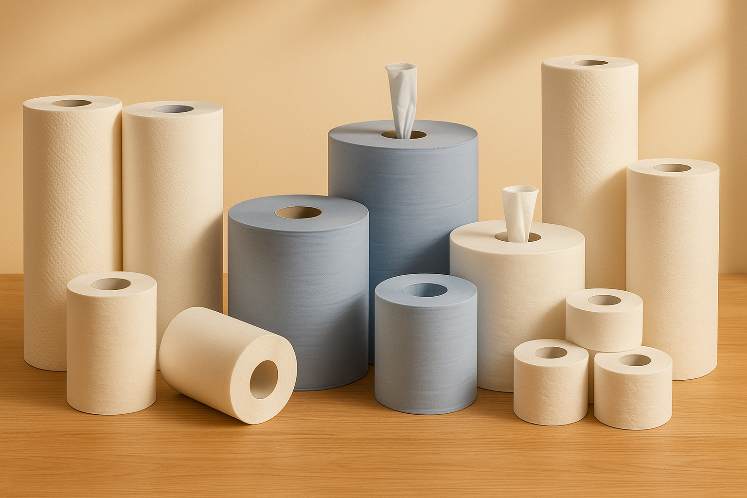 genrate an image for shopify homepage banner image is about cleaning supplies i need paper towels double and single, blue roll, white roll, centerfeed blue and white rolls, Kitchen towels embossed and plain tissue/paper rolls image back ground should be warm and welcoming 